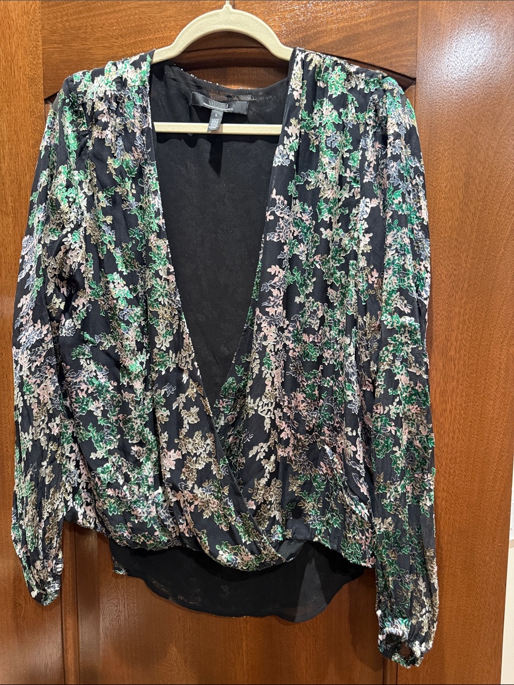 White House Black Market Green and Black Floral Wrap Blouse